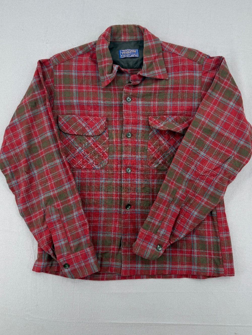 Vintage 70s Pendleton Wool Plaid Flannel Red Loop Collar Board Shirt USA Men S
